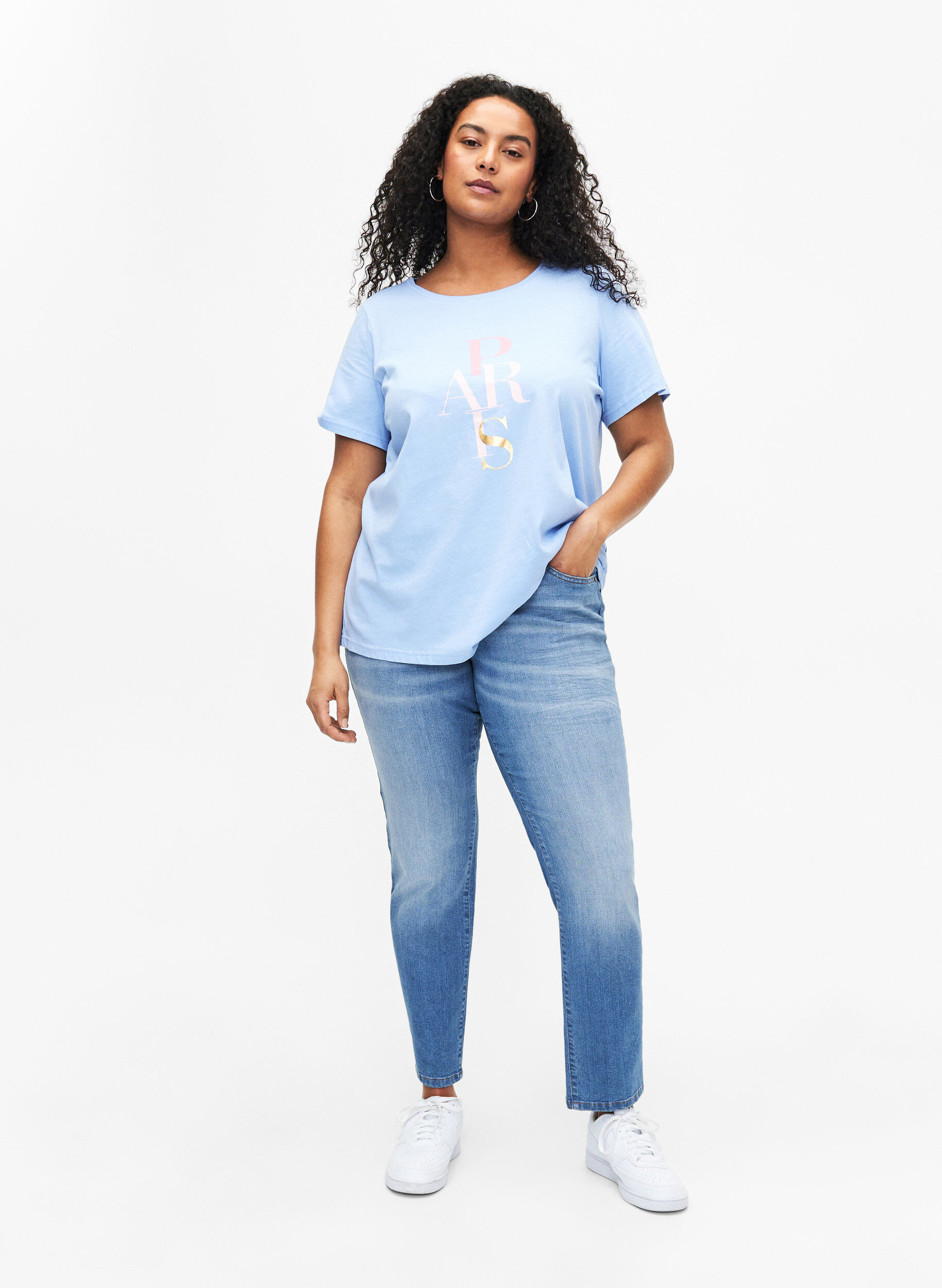 Zizzi Bomulds t-shirt med tekstprint, Serenity w. Paris, Model image number 2