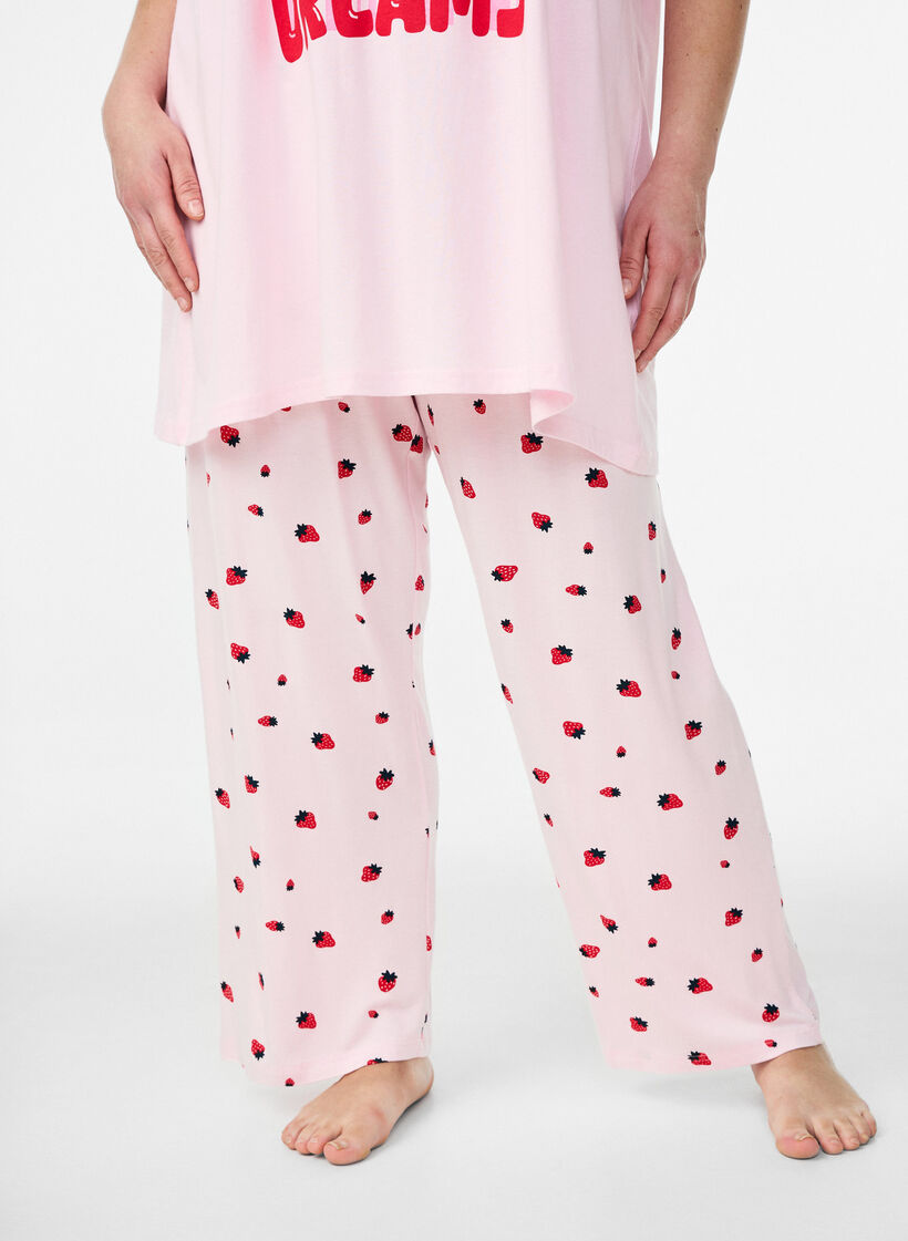 Natbukser i bl&oslash;d jersey med h&oslash;j talje og frugtprint, Lyser&oslash;d, Model image number 2