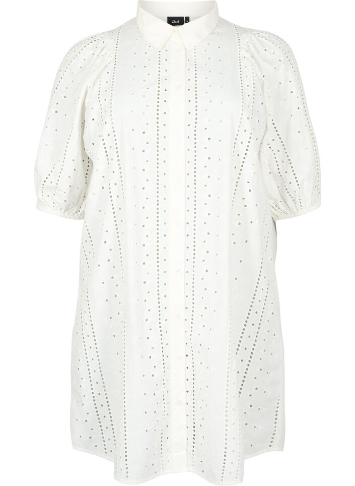 Skjortekjole i bomuld med broderi anglaise, Off White, Packshot image number 0