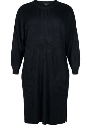 Oversize strikkjole med slids, Black, Packshot image number 0
