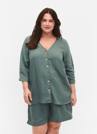 Viskose bluse med knapper og v-hals, Balsam Green, Model image number 0