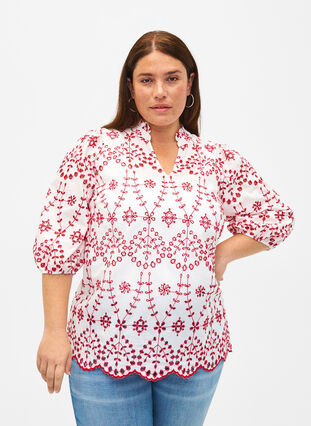 3/4 ærmet bluse med kontrastfarvet broderi anglaise, White w. Red, Model image number 0