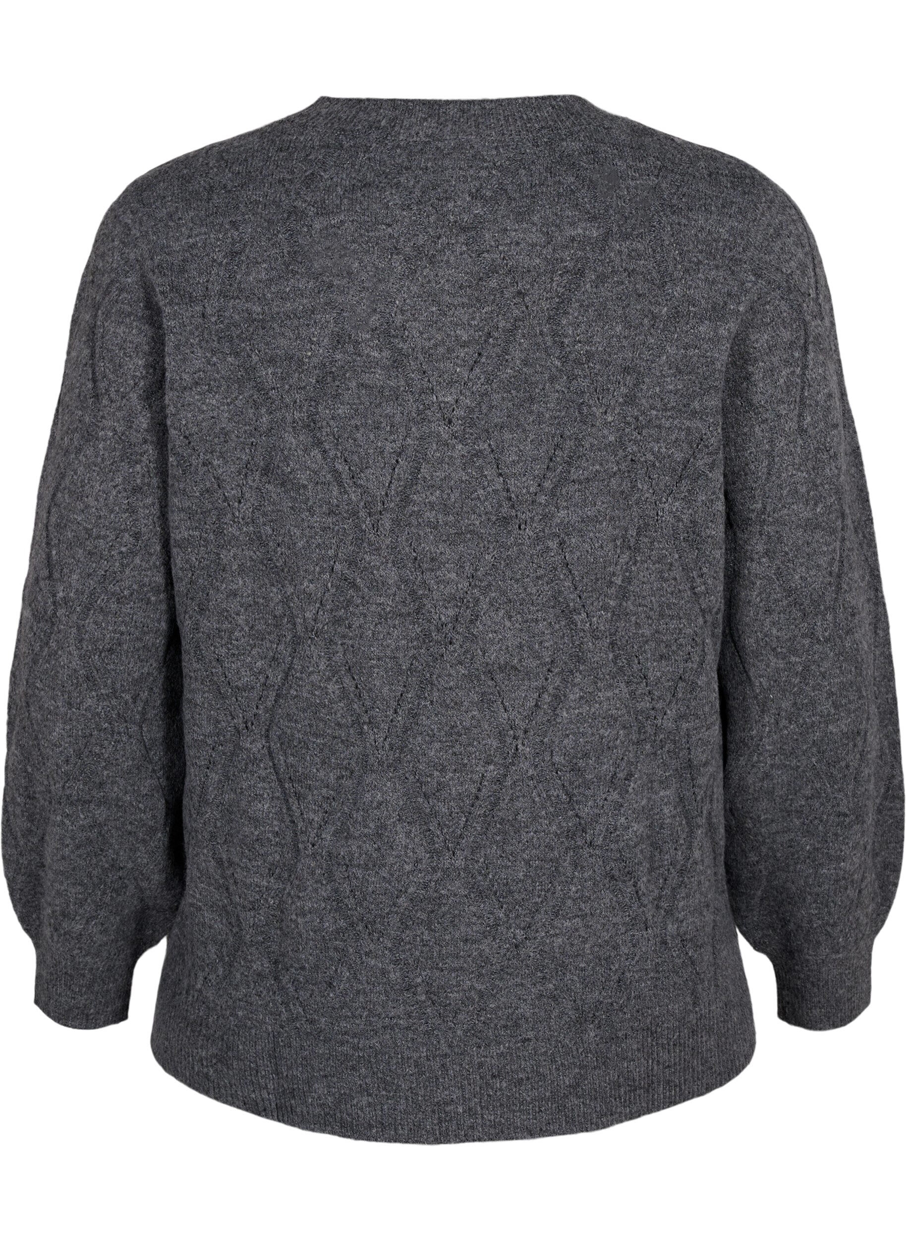 Zizzi Strikbluse med hulm&oslash;nster, Dark Grey Melange, Packshot image number 1