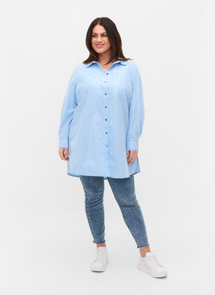 Lang bomuldskjorte med tryk på ryggen, Chambray Blue, Model image number 3