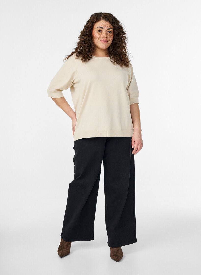 Finstrikket bluse med korte &aelig;rmer, Beige, Model image number 1