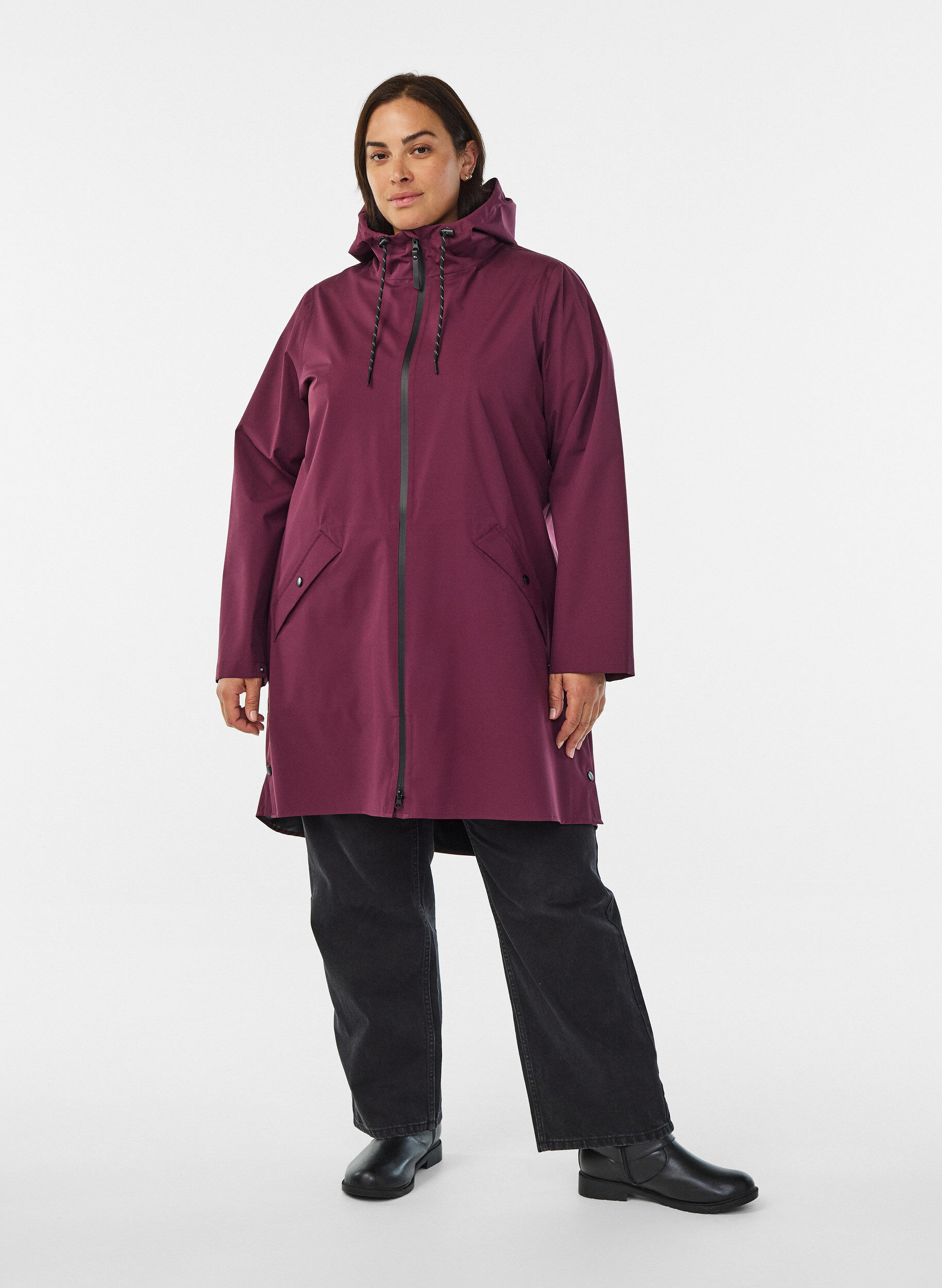 ZizziRegnjakke med lommer og h&aelig;tte, M&oslash;rk Bordeaux, Model image number 1