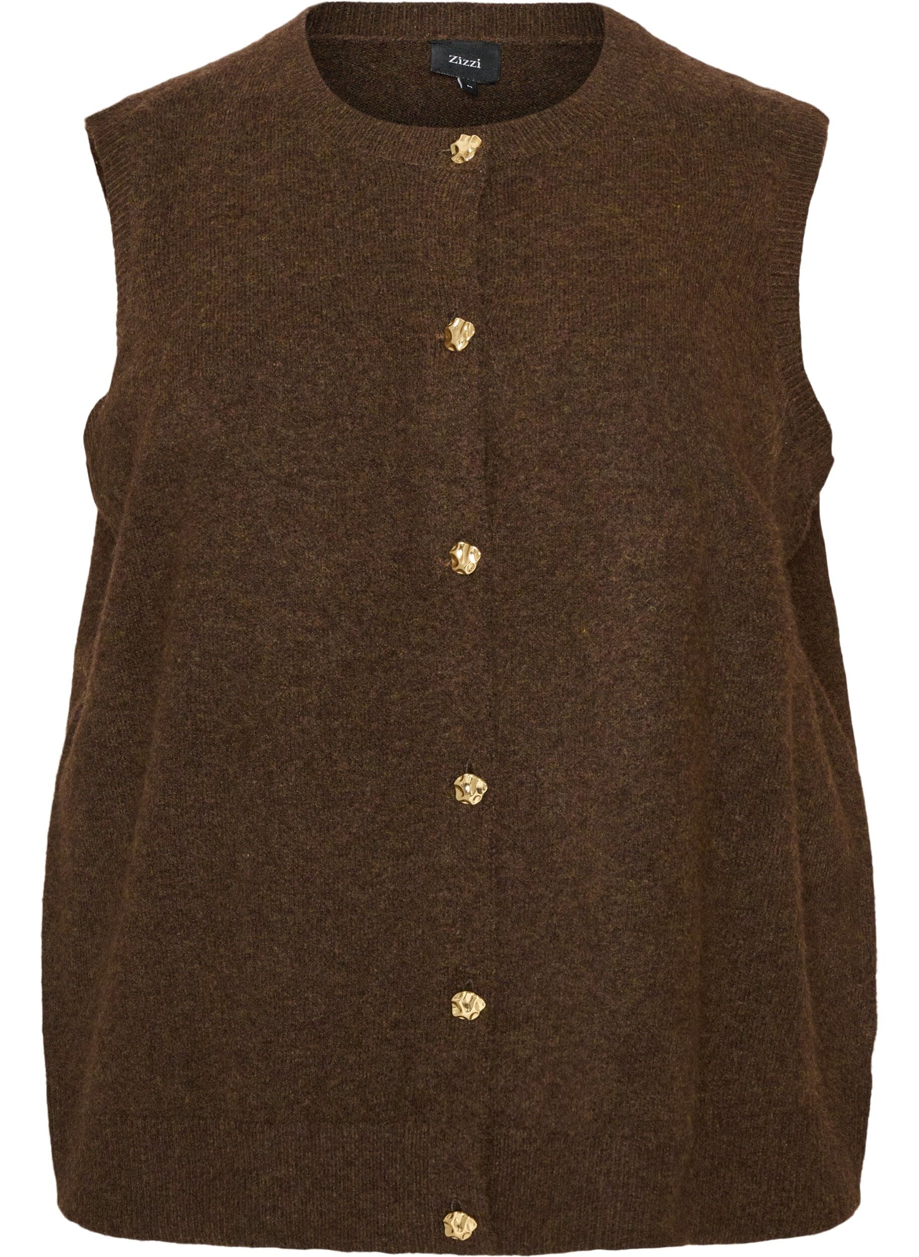 ZizziStrikket vest med dekorative knapper, Brun, Packshot image number 0