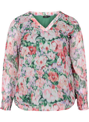 Blomstret bluse med lange ærmer og smock, Flower AOP, Packshot image number 0