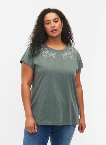 Bomulds t-shirt med blad print, Balsam Green Leaf, Model image number 0