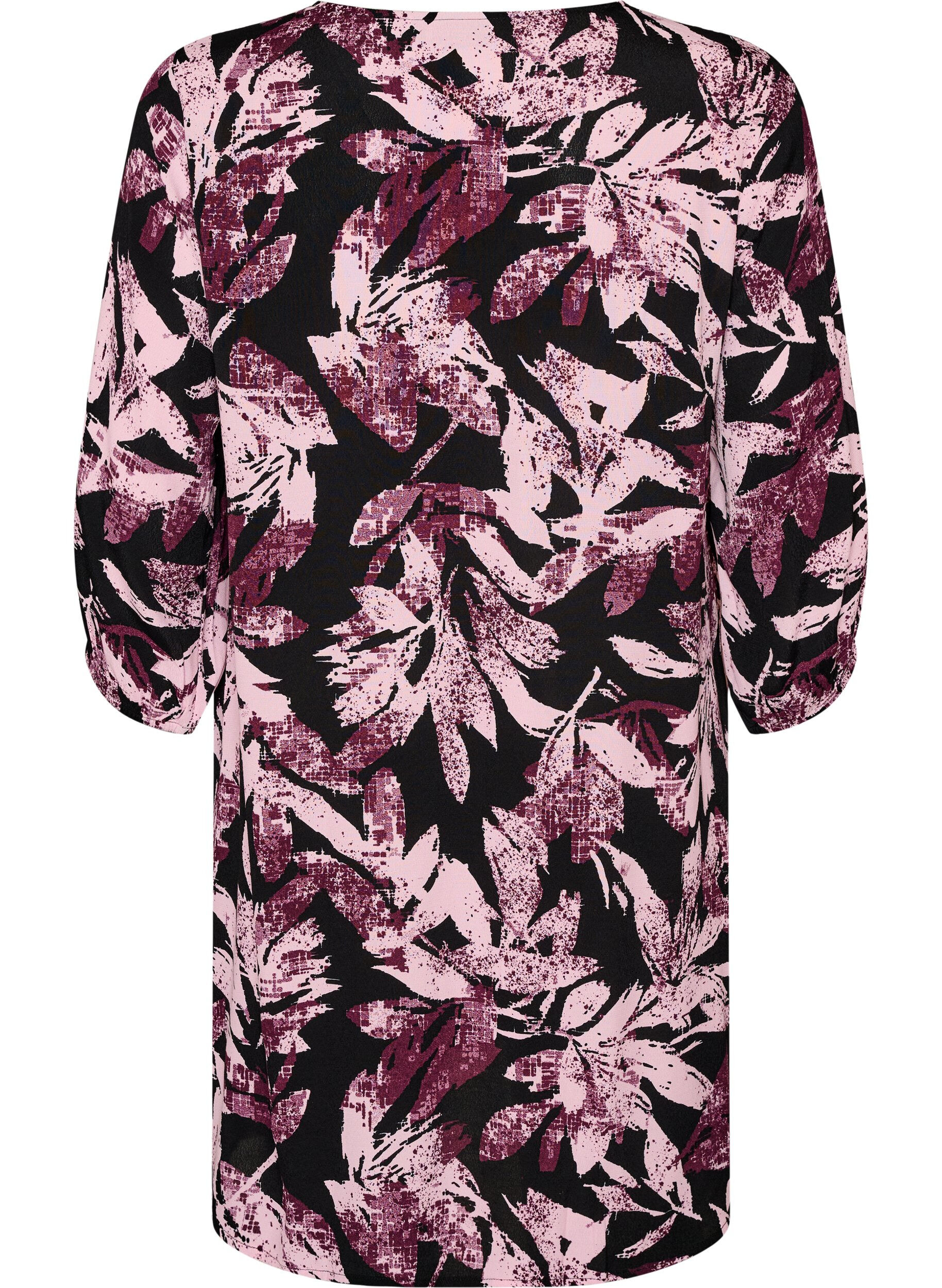 ZizziKort kjole i viskose med blomsterprint og 3/4 &aelig;rmer, Sort, Packshot image number 1