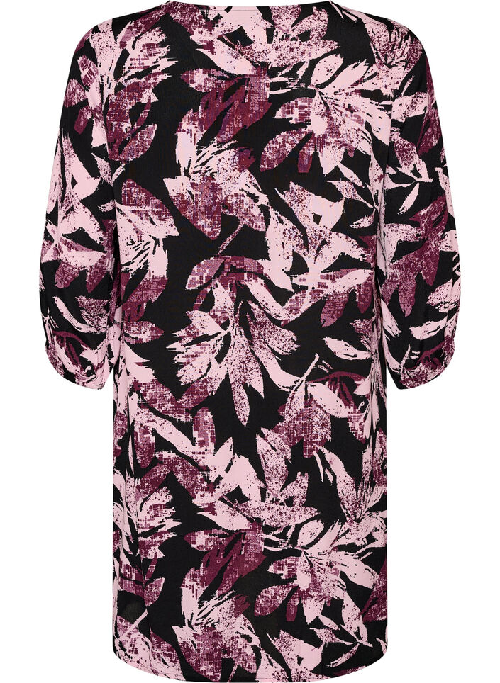 Kort kjole i viskose med blomsterprint og 3/4 &aelig;rmer, Sort, Packshot image number 1