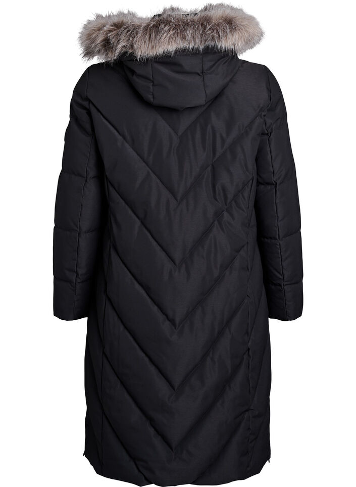 Lang vinterjakke med h&aelig;tte og imiteret pelskrave, Sort, Packshot image number 1