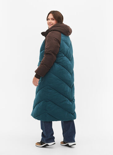 Lang colorblock vinterjakke med hætte, Deep Teal Comb, Model image number 1