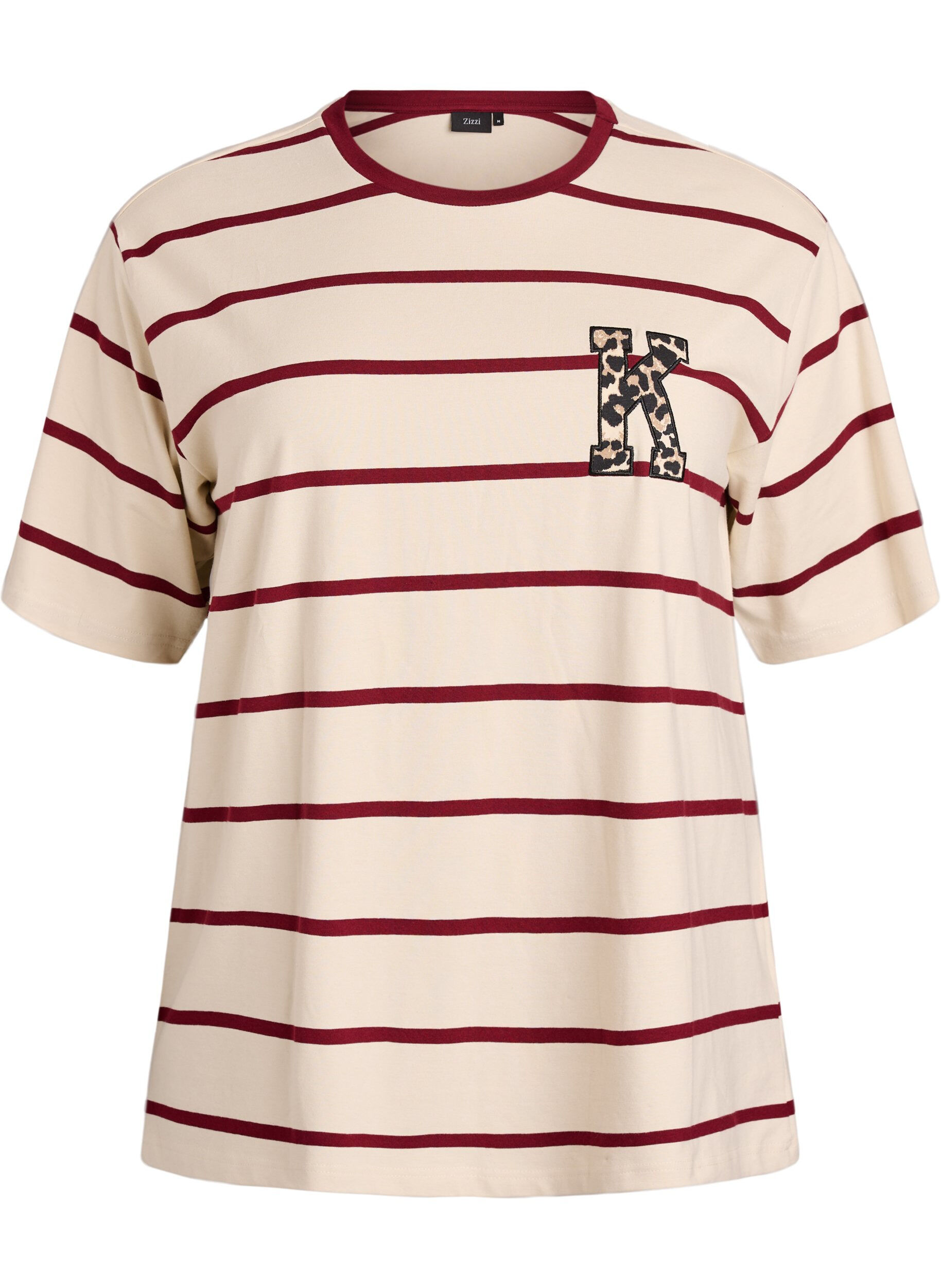 Zizzi T-shirt med striber og leoparddetalje, Beige, Packshot image number 0