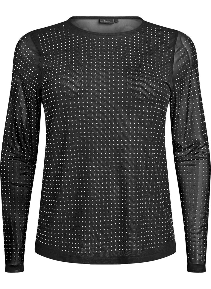 Meshbluse med rhinsten og lange ærmer, Sort, Packshot image number 0