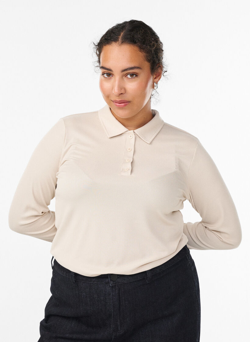 Poloshirt i blød rib med lange ærmer, Beige, Model image number 0