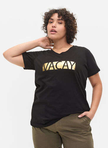 Bomulds t-shirt med v-udskæring, Black VACAY , Model image number 0