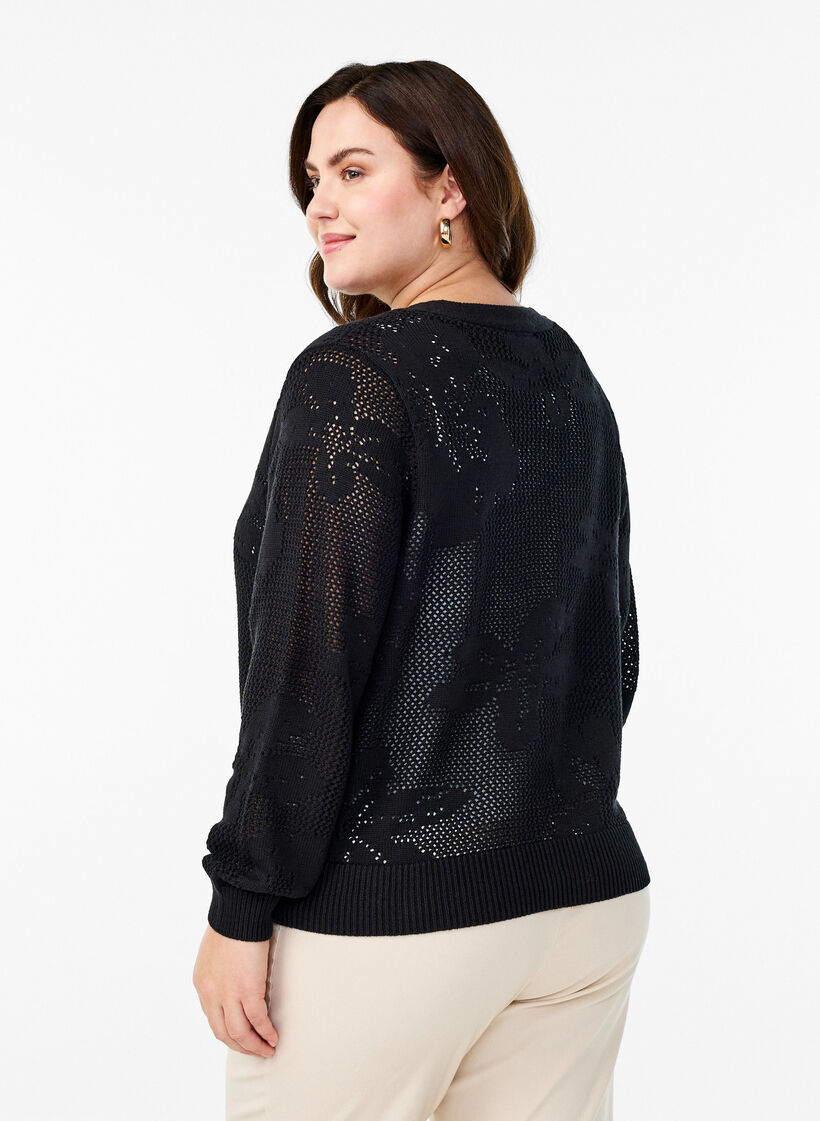Strikket cardigan med hulmønster og bindebånd, Black, Model image number 1