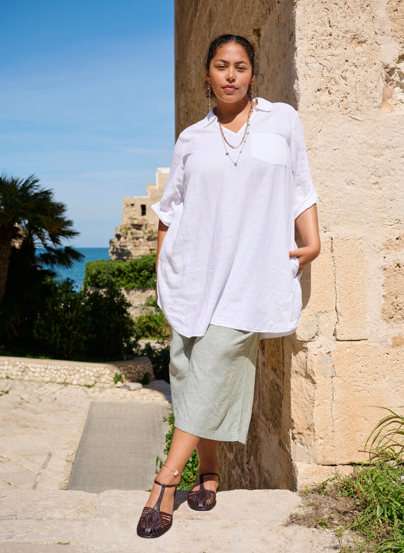 Cropped bukser i hør og viskose, Grøn, Image image number 0