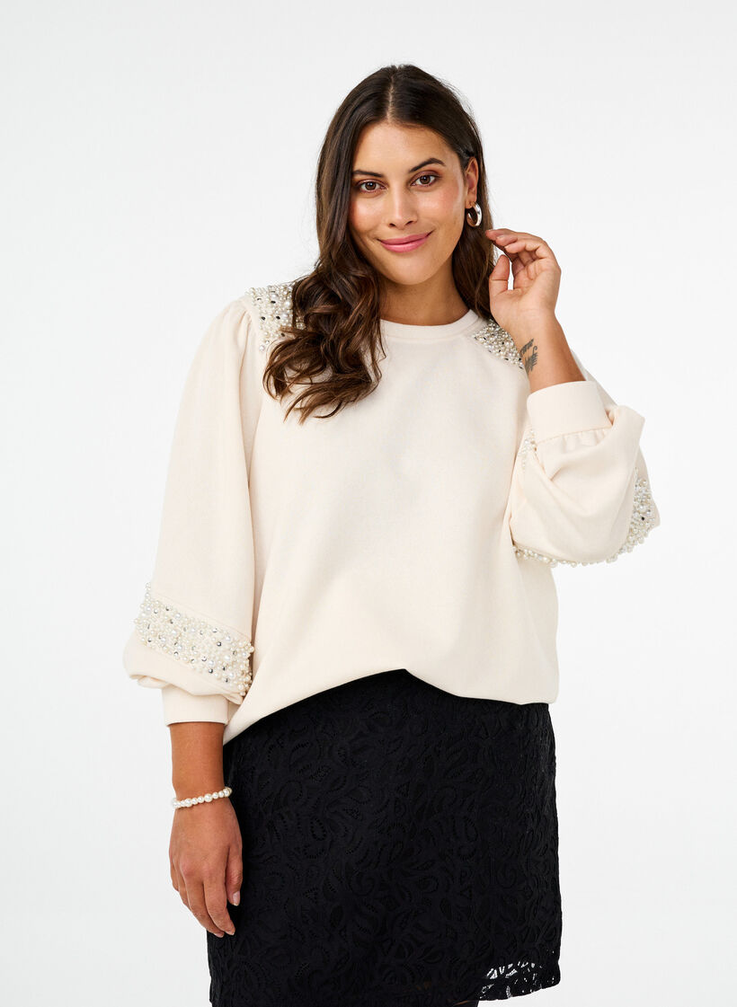 Sweatshirt med perledetaljer, Buttercream, Model image number 0