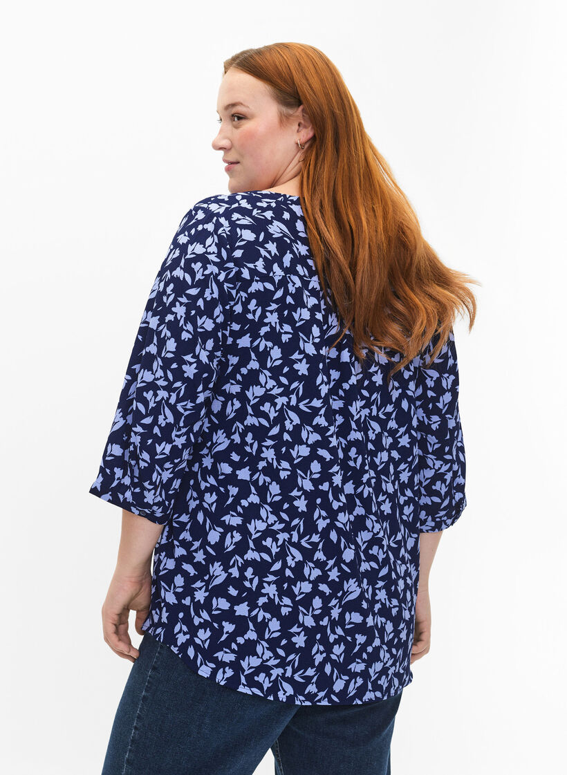Blomstret bluse med 3/4 ærmer, M. Blue Flower AOP, Model image number 1