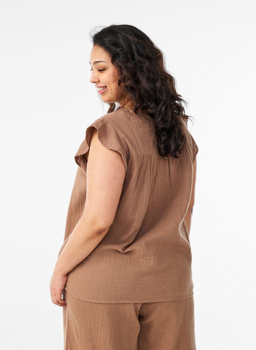 &AElig;rmel&oslash;s top i bomuldsmusselin med fl&aelig;ser, Brun, Model image number 2