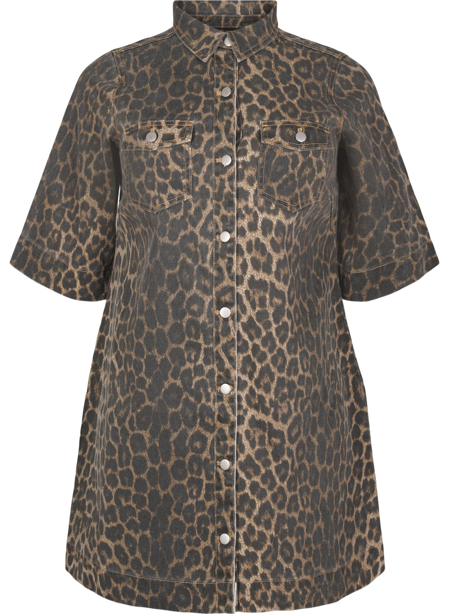 Zizzi Kort&aelig;rmet denimkjole med leopardprint, LEO AOP, Packshot image number 0