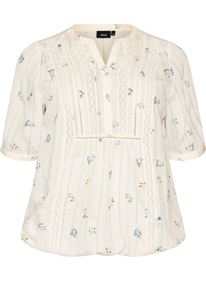 Bluse med print og 1/2 &aelig;rmer, Vanilla, Packshot image number 0