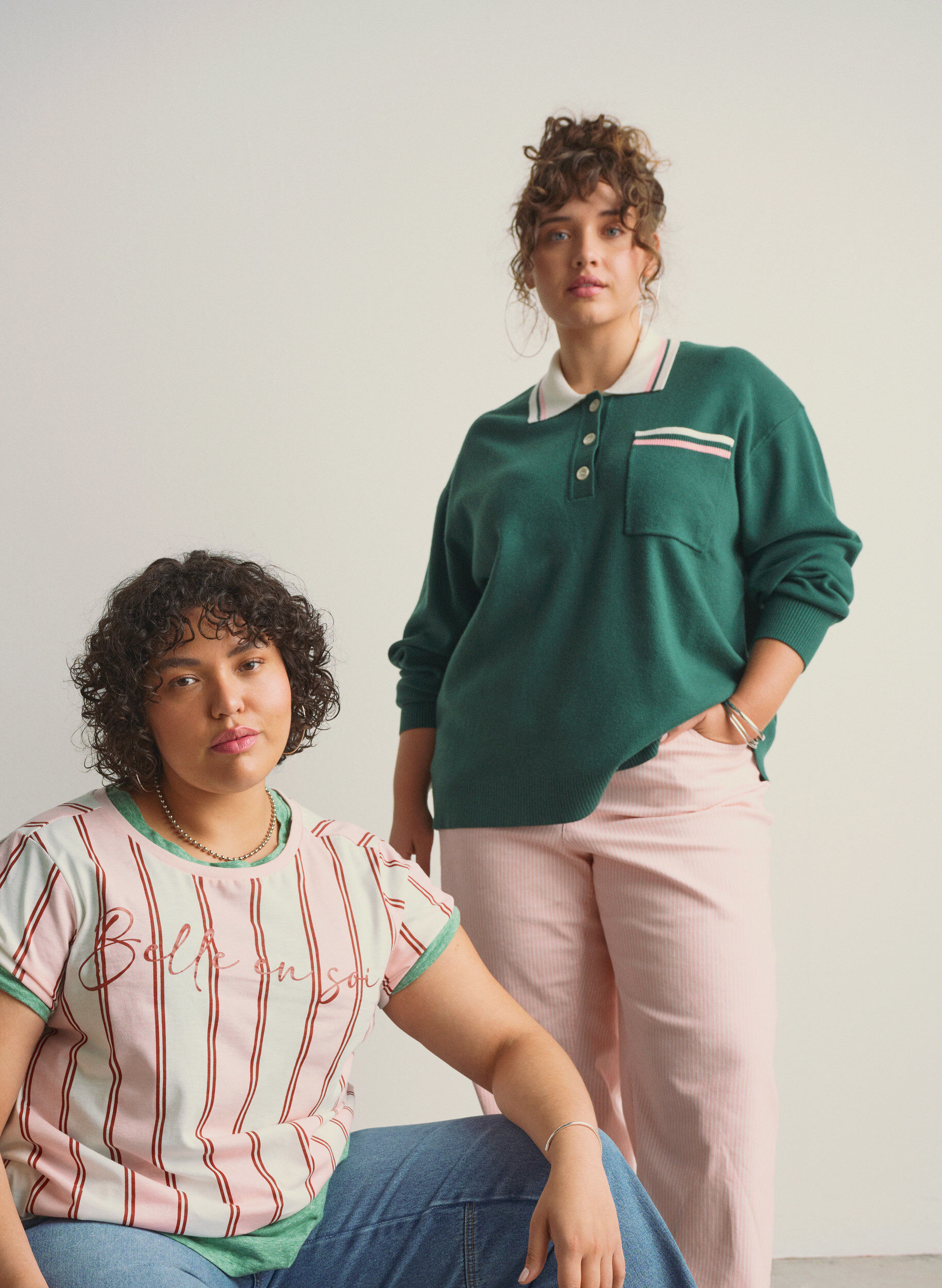 Zizzi Strikbluse med polokrave og kontraststriber, Gr&oslash;n, Image image number 0