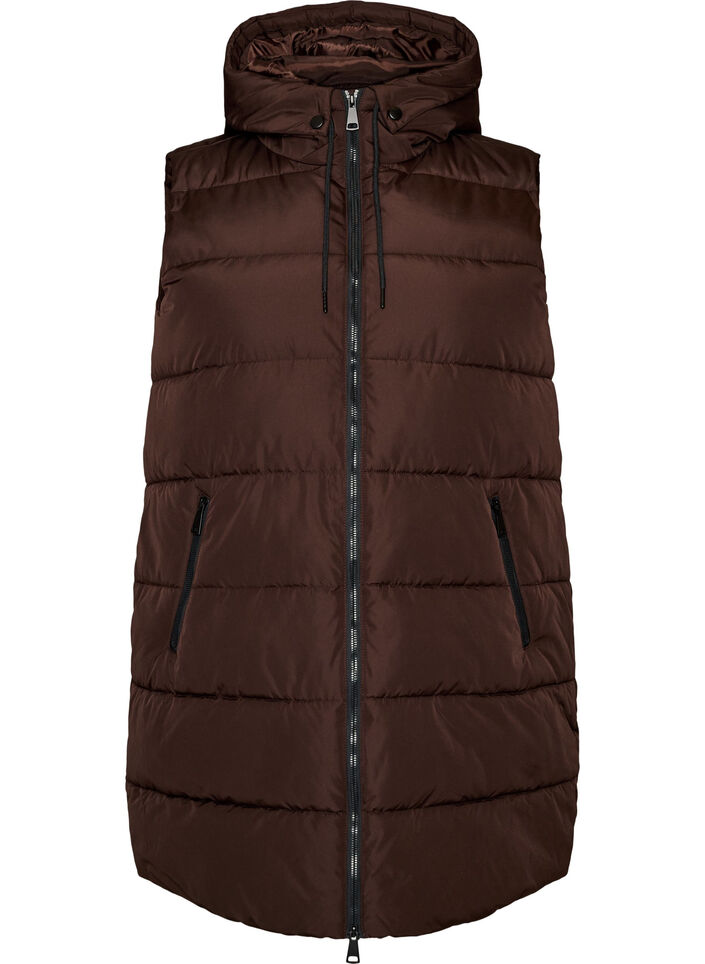 Lang vest med h&aelig;tte og lommer, Brun, Packshot image number 0