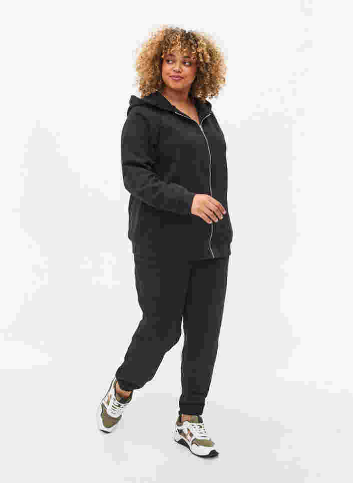 Sweat cardigan med hætte og lommer, Black, Model image number 2