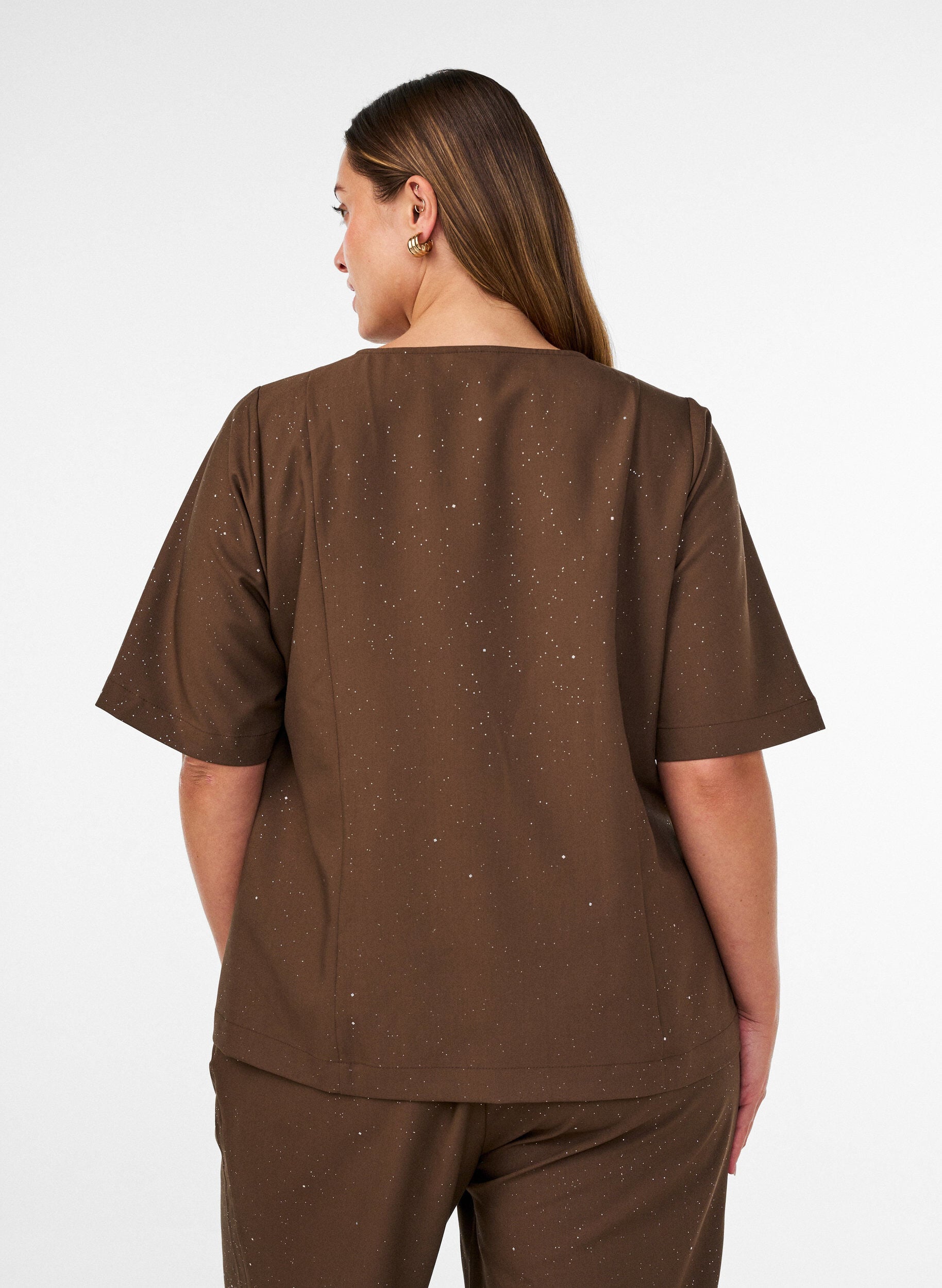 ZizziBluse med glimmer og V-udsk&aelig;ring, Brun, Model image number 2