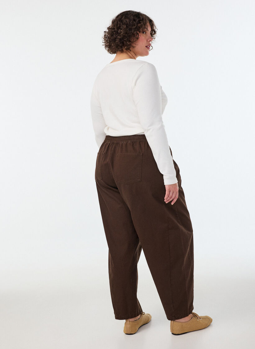 Barrel jeans med h&oslash;j talje og elastisk linning, Brun, Model image number 1