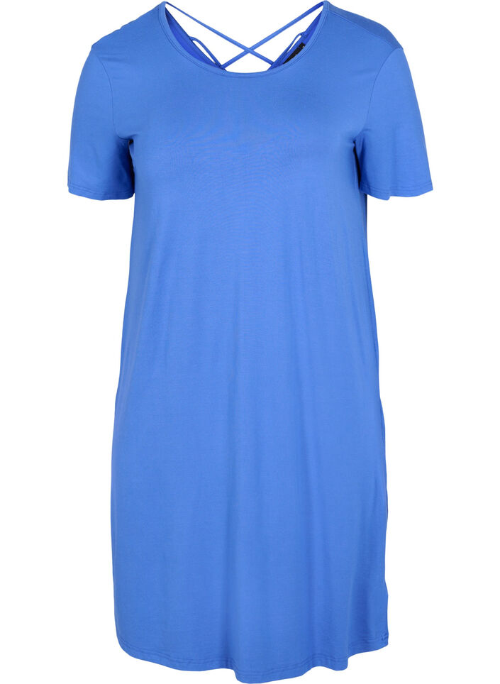 Kortærmet viskose kjole med rygdetalje, Dazzling Blue, Packshot image number 0