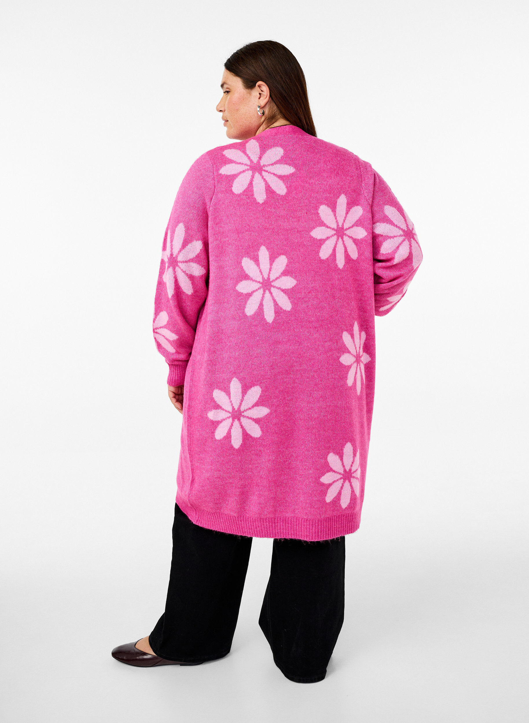 Zizzi Lang strik cardigan med blomster, Raspberry Rose Comb, Model image number 1