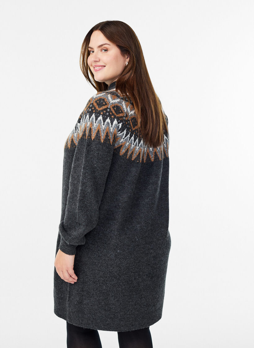 Strikkjole med jacquard-mønster og ballonærmer, Grå, Model image number 2