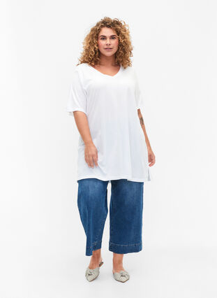 Ensfarvet oversize t-shirt med v-hals, Bright White, Model image number 2