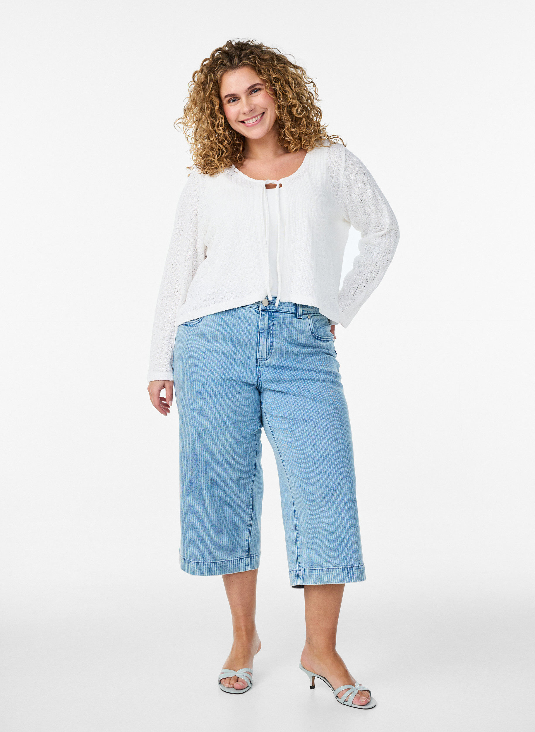 Zizzi Jerseycardigan med struktur og bindeb&aring;nd, Hvid, Model image number 1