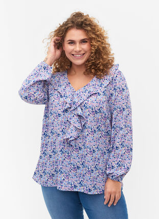 Printet bluse med flæser , Purple Ditzy Flower, Model image number 0