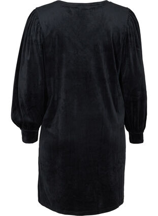 Velour kjole med lange pufærmer, Black, Packshot image number 1
