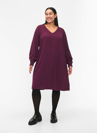 FLASH - Langærmet kjole med glitter, Purple w. Silver, Model image number 2