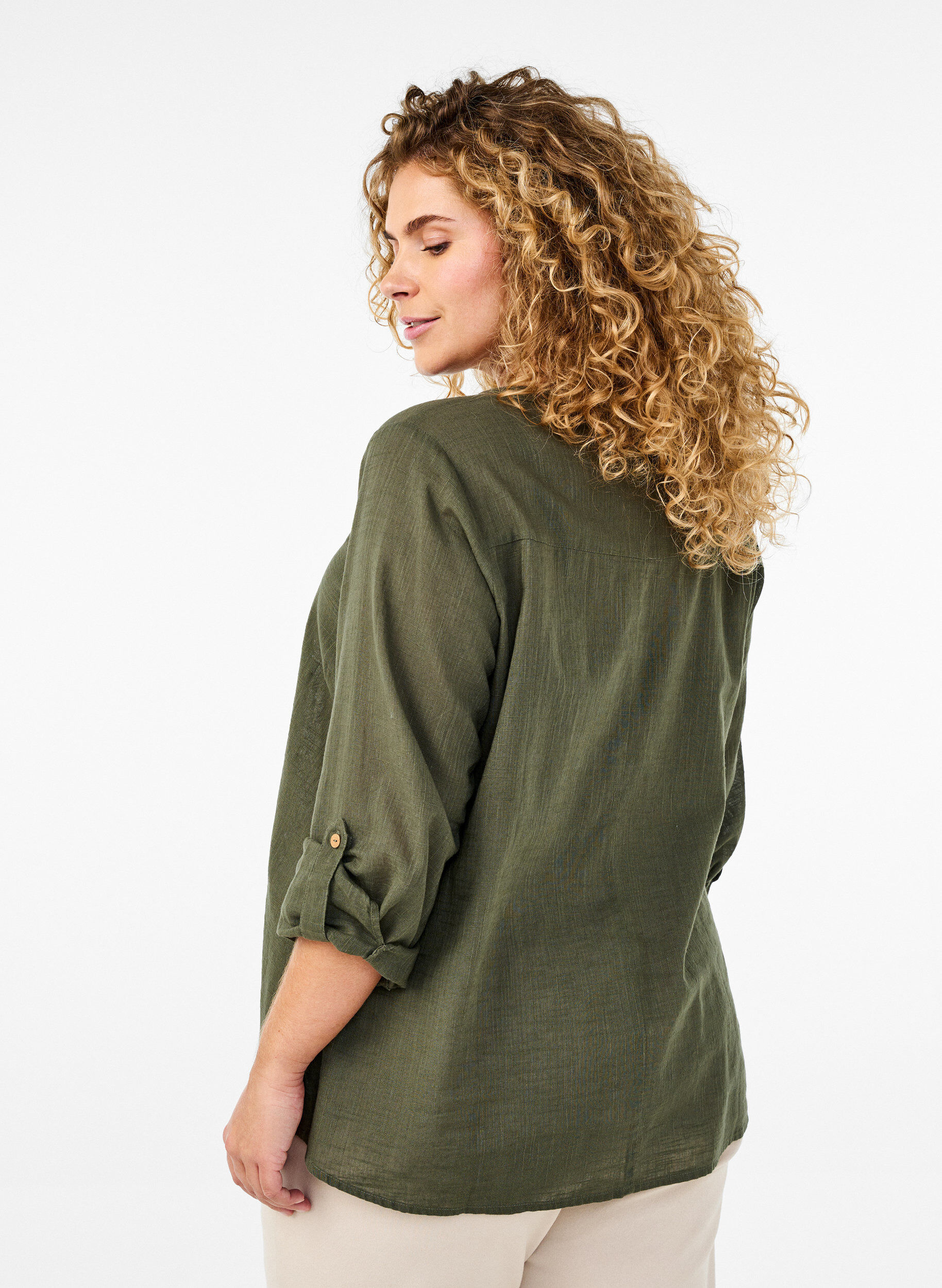 ZizziSkjortebluse i bomuld med v-udsk&aelig;ring, Gr&oslash;n, Model image number 2