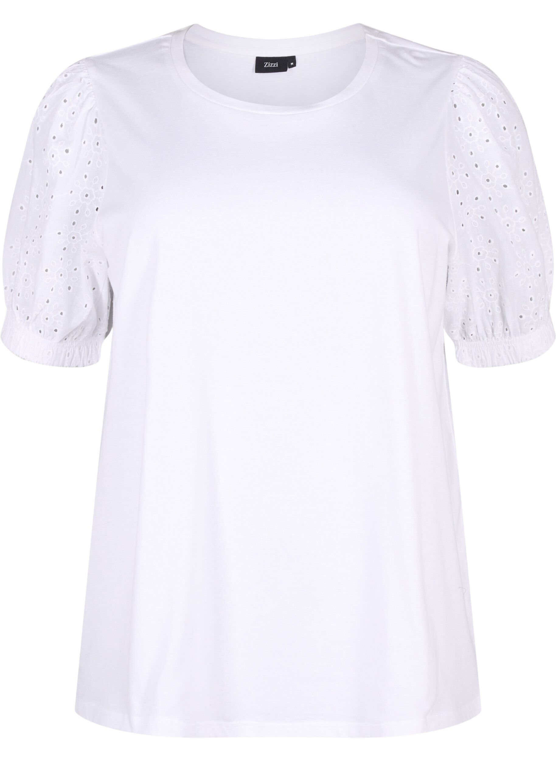 Zizzi &Oslash;kologisk bomuldsbluse med broderi anglaise &aelig;rmer, Bright White, Packshot image number 0