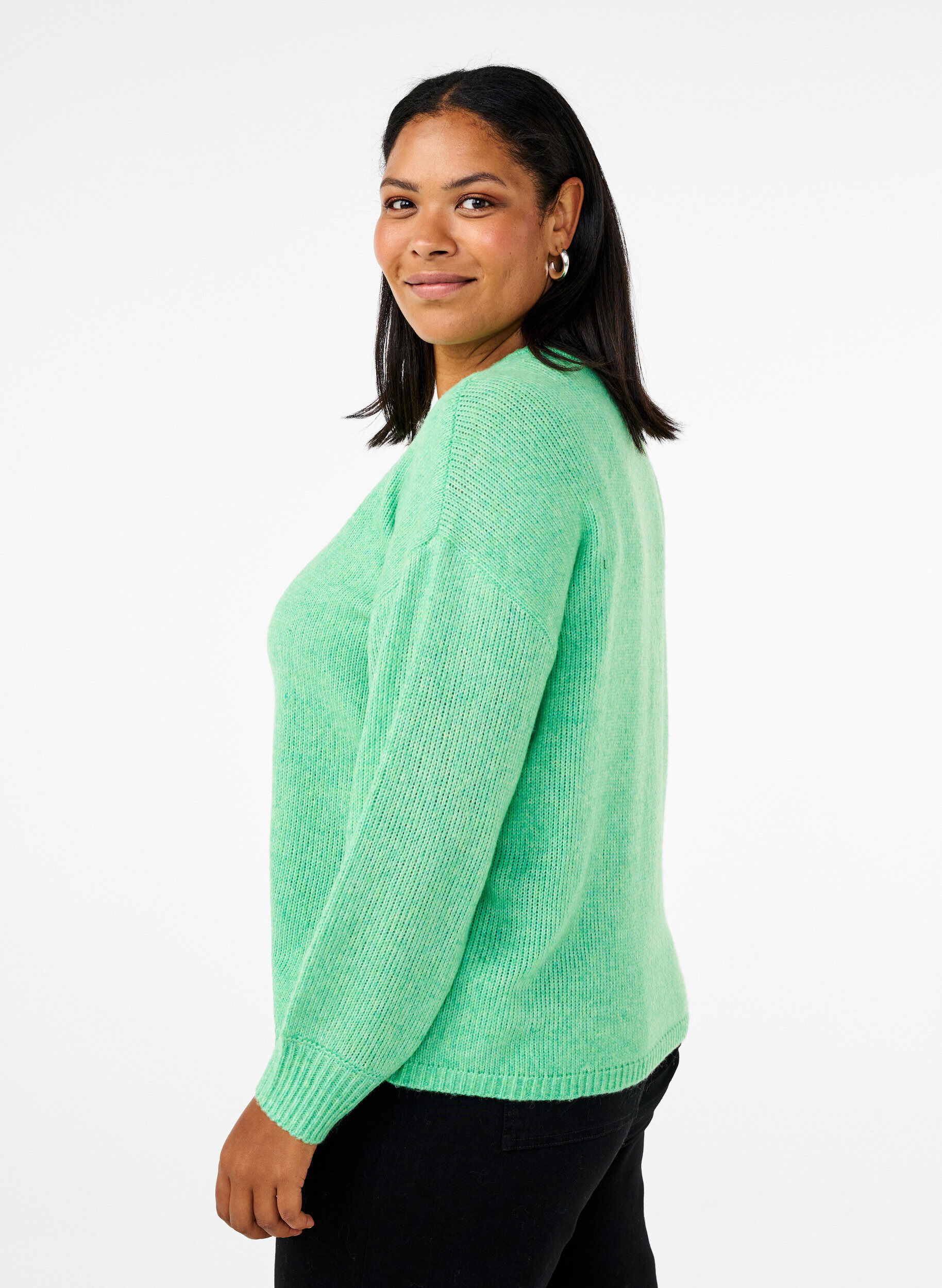 Zizzi Lang&aelig;rmet strikbluse med uld og rund hals, Light G. Green Mel., Model image number 1