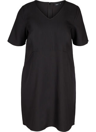 Ensfarvet etui kjole med v-udskæring, Black, Packshot image number 0