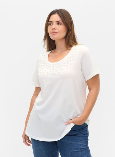 Bomulds t-shirt med perler, Warm Off-white, Model image number 0
