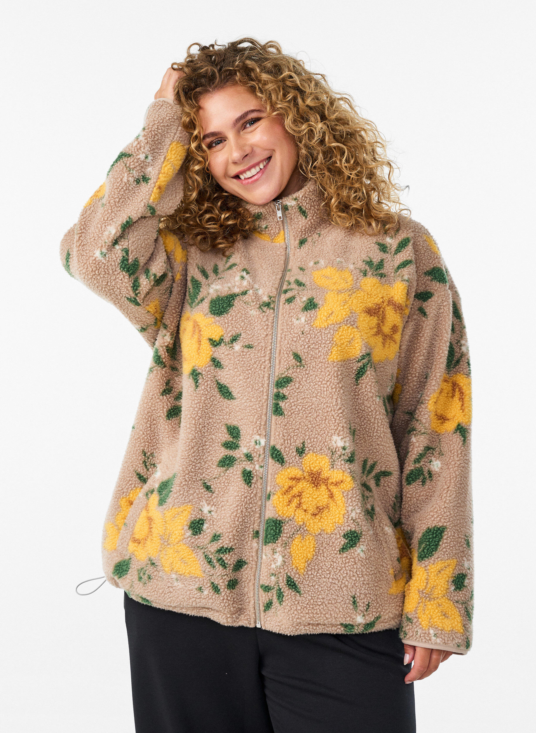 Blomstret fleecejakke med h&oslash;j hals og lynl&aring;s, Beige, Model