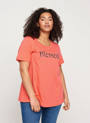 Kortærmet t-shirt med print, Living Coral BLESSED, Model image number 0