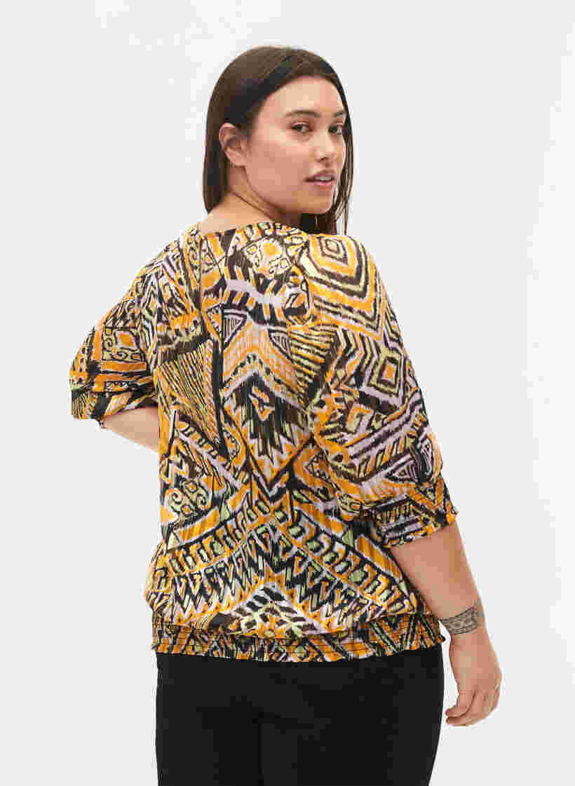 Printet bluse med smock og 3/4 ærmer, Yellow Aztec AOP, Model image number 1