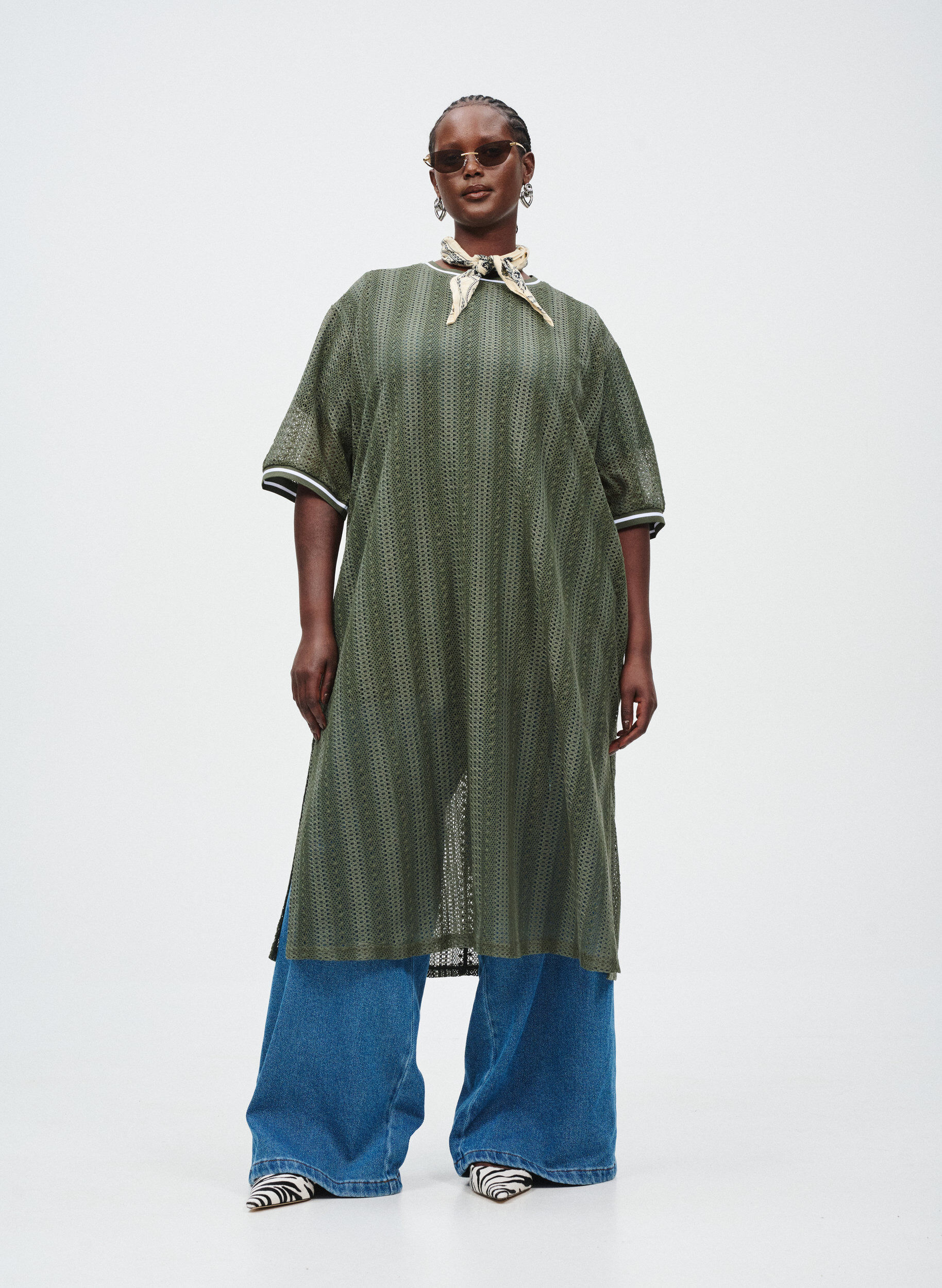 Zizzi Midikjole med hulm&oslash;nster og korte &aelig;rmer, Gr&oslash;n, Image image number 0